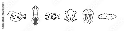 Collection of simple line art sea creatures including fish, squid, and jellyfish