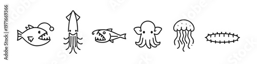 Collection of simple line art icons depicting various sea creatures in a minimalist style