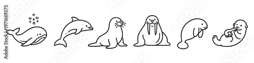 Collection of cute marine mammals in a simple line art style