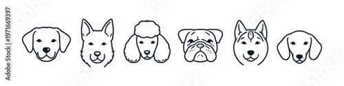 Collection of diverse dog breed faces in a simple, clean line art style