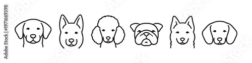 Collection of simple line art dog faces in various breeds and styles