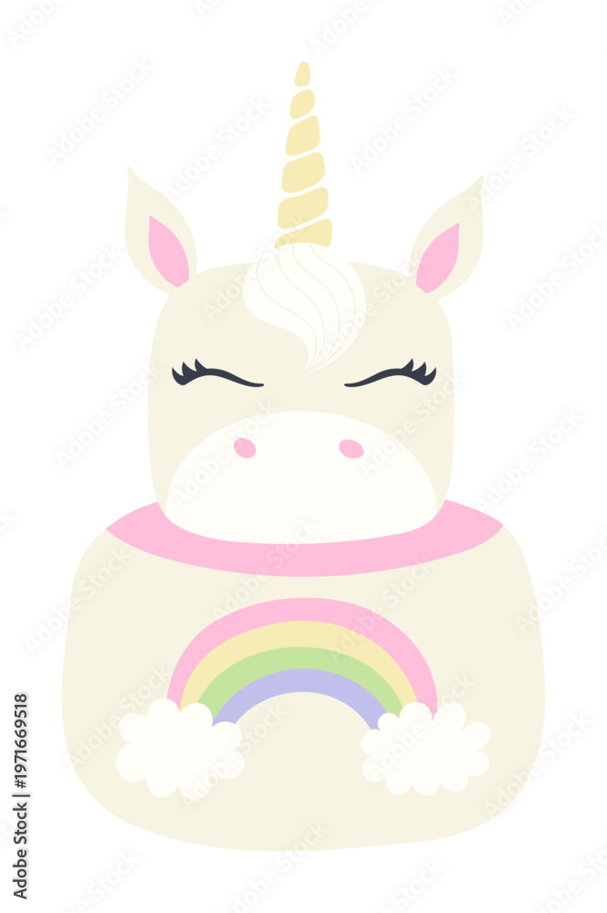 Fototapeta premium Unicorn cake with cute face, rainbow, pastel color birthday cake illustration isolated. Birthday celebration, sweet food, dessert, kids party clip art, design element. Hand drawn flat vector