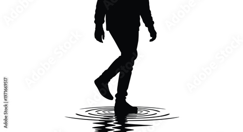 Minimalist black vector illustration showing a person's silhouette stepping into water with circular ripples.