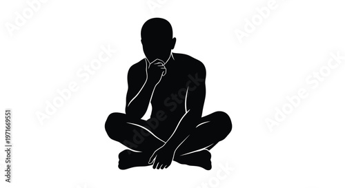 Minimalist vector graphic illustration of a thoughtful person sitting cross legged in a deep meditative pose