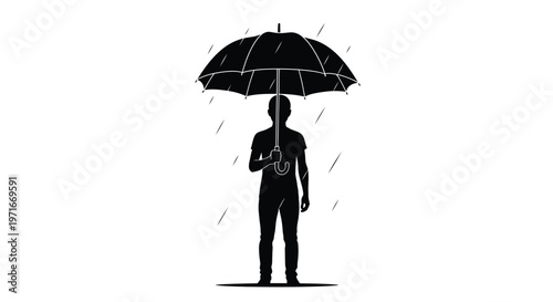 Silhouette of a lone man standing under a large umbrella during a heavy rain storm illustration