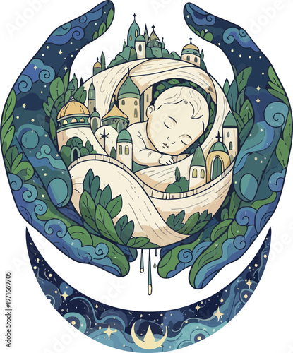 Surreal conceptual illustration of two giant comforting human hands gently cradling and protecting a miniature sleeping modern city skyline at night like a baby symbolizing safety urban care and guard