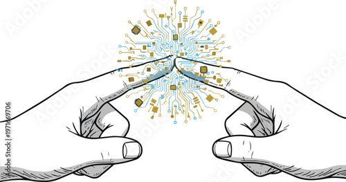 Close up of two human fingers touching with a glowing digital microchip circuit pattern forming at the point of contact symbolizing human machine interface and artificial intelligence connectivity