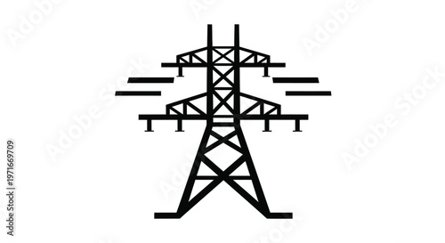 Minimalist black vector graphic illustration of a high voltage electrical transmission tower for industrial energy concepts