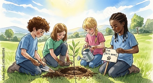 Four children planting a tree in a field with a sign for a pet's name in a sunny landscape.