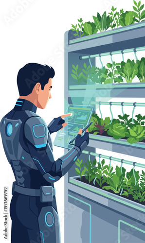 Futuristic person in high-tech cyber suit using a glowing holographic digital tablet to cultivate and monitor a real lush vertical garden in a modern sustainable greenhouse environment