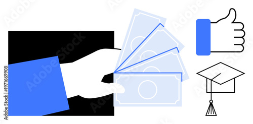 Financial assistance concept. Hand holding money, thumbs-up, and graduation cap financial support, positive outcomes, and educational opportunities. For education, funding, charity incentives