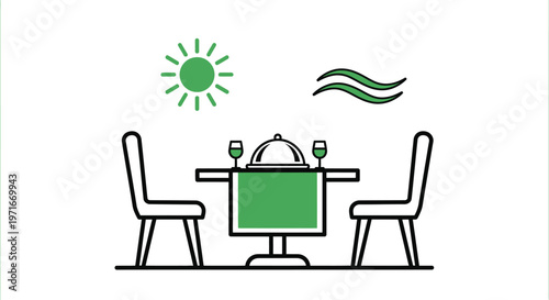 Minimalist vector illustration showing an outdoor dining table for two with sun and waves design.