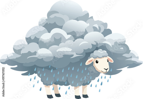 Surreal Conceptual Image of a Farm Sheep Where the Wool Is a Massive Fluffy Storm Cloud with Tiny Visible Raindrops Representing Nature Weather and Emotional Heavy Burden