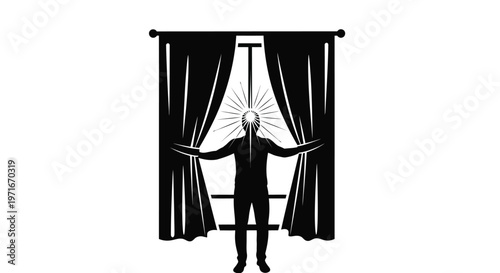 Silhouette of a person opening curtains to reveal a bright light in this creative vector illustration