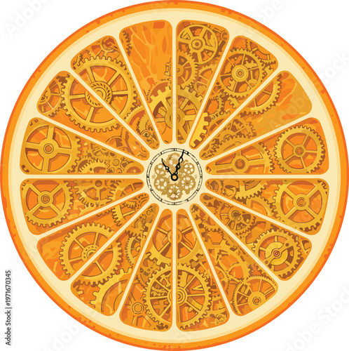 Sliced Juicy Orange Where the Internal Segments are Replaced by Intricate Golden Clock Gears and cogs Representing Time Management and the Mechanics of Nutrition