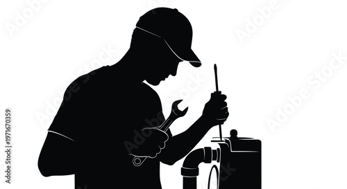 Professional plumber using a metal wrench and screwdriver to fix a residential pipe plumbing system graphic