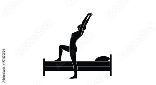 Silhouette of a woman stretching her body while standing on a bed in a vector illustration