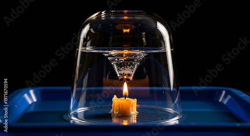 Burning Candle Under an Inverted Glass in Water Demonstrating Oxygen Consumption and Pressure in a Science Experiment
