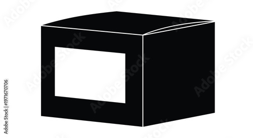 Simple black vector graphic illustration of a generic product packaging box with a blank label area