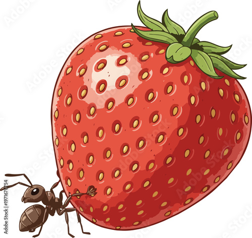 Tiny Ant Carrying a Giant Large Red Strawberry on its Back Like a Heavy Boulder Representing Strength Perseverance and Hard Work
