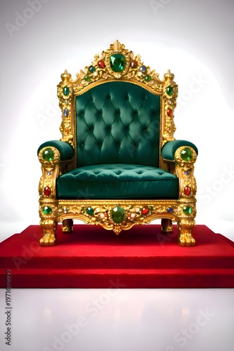 Luxury Royal Throne with Emerald Green Cushion and Gemstones on Red Carpet Stage