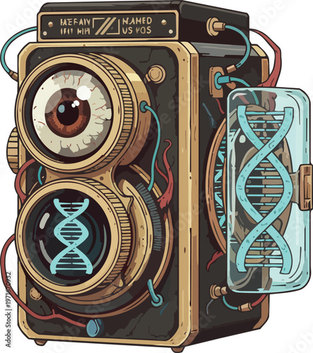 Vintage camera with a human eye as the lens and a DNA strand as the film representing genetic memory ancestry visual heritage and biological photography concepts isolated