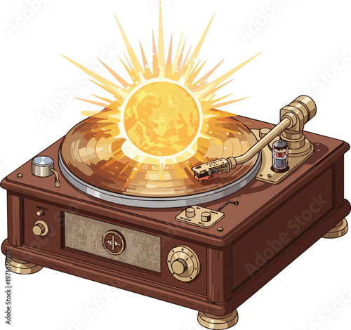 record player turntable where the spinning record is a bright glowing sun representing warmth energy classic music summer vibes and retro sound concepts isolated