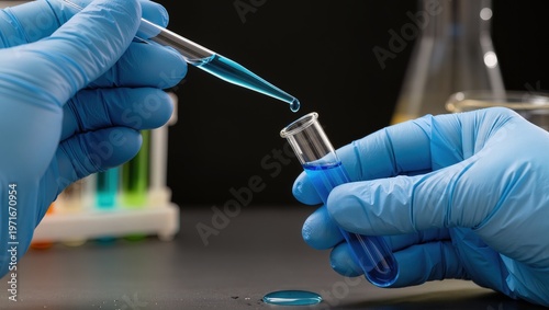 Laboratory Pipette Adding Amber Reagent to Blue Chemical Sample