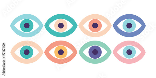 A captivating array of eight stylized flat design eyes in various pastel colors gazes forward with unique charm.