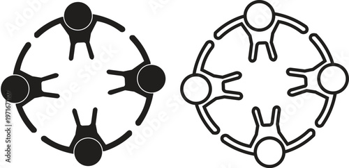 Minimalist teamwork icons of people in a circle, black solid and outline community symbols, unity and collaboration vector graphics for business