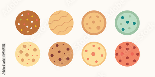 A delightful assortment of eight unique flat design cookies displays various textures and delicious inclusions.