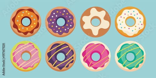 A vibrant collection of eight beautifully decorated flat design donuts features diverse icing and colorful sprinkles.