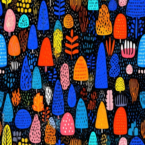 Vibrant tropical jungle wallpaper pattern designed with playful colors and shapes that inspire joy and creativity