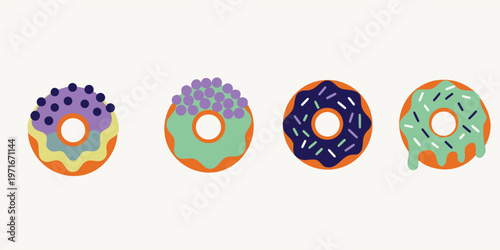 A delightful quartet of uniquely decorated flat design donuts showcases an array of colorful toppings and glazes.