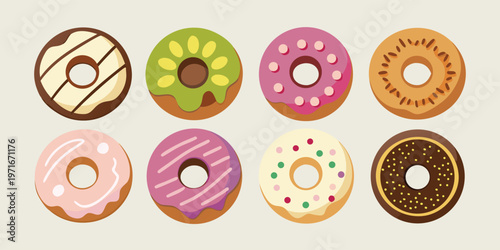 An appetizing display of eight flat design donuts, each adorned with a unique and colorful topping combination.