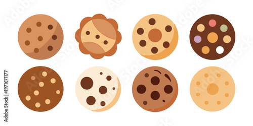 A delectable assortment of eight flat design cookies featuring various chocolate chip patterns and nutty textures.