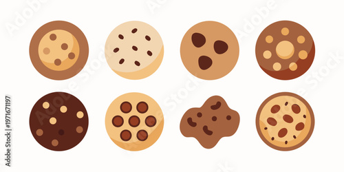 An engaging collection of eight unique flat design cookies displays various shapes, textures, and delightful patterns.