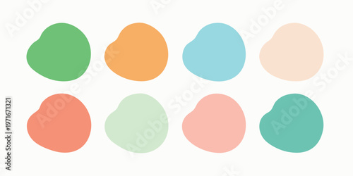A charming set of eight uniquely shaped pastel blobs or heart like abstract elements against a clean background.