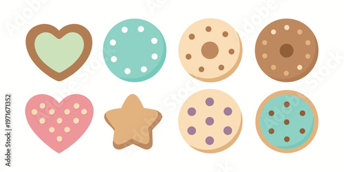 A cheerful arrangement of eight decorative cookies in heart, circle, and star shapes adorned with vibrant, playful polka dots.