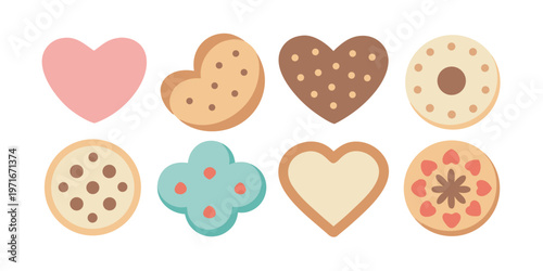 A delightful assortment of eight decorative cookies in heart, circle, and clover shapes featuring plain, dotted, and floral patterns.