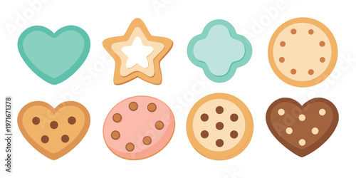 A sweet selection of eight stylized cookies in heart, star, clover, and circular shapes with solid and dotted designs.