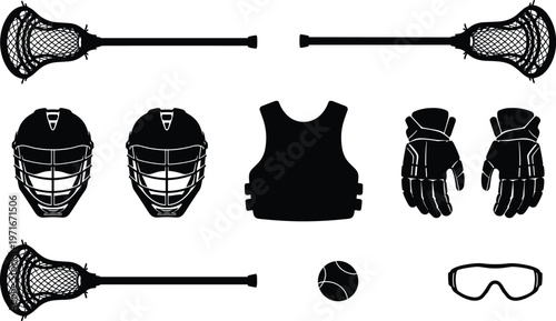 Lacrosse equipment set, protective gear, helmets, gloves, sticks, ball, goggles, chest protector, sports gear, training essentials, vector illustration
