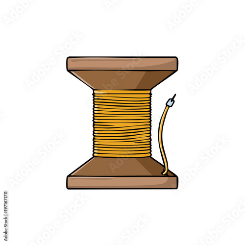 Wooden spool with tightly wound golden thread and a loose end