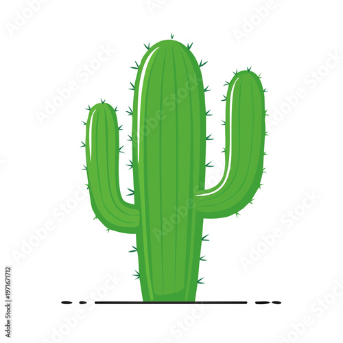 Vibrant Green Saguaro Cactus Illustration with Stylized Spines and Ground Line