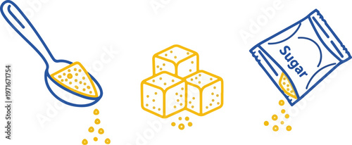 Sugar icon set featuring spoon with sugar, torn packet and sugar crystal symbols. Outline style vector icons with editable stroke for food and ingredient design eps
