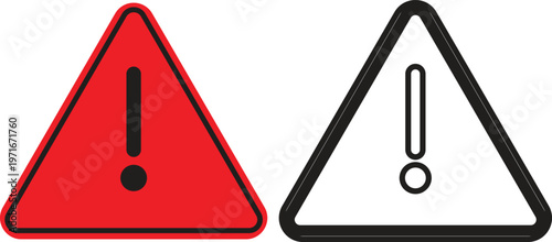 Red warning triangle icons with exclamation mark, flat hazard alert symbols, caution sign vector set for safety notification and error messages