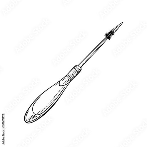 Hand drawn illustration of a mascara wand with a pointed applicator tip and textured handle