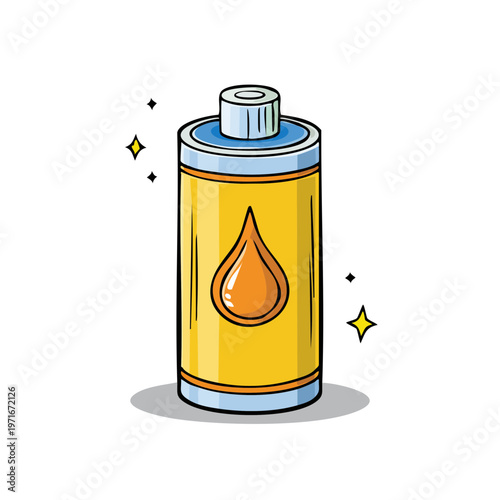 Yellow Oily Liquid Container with Drop Symbol and Sparkles