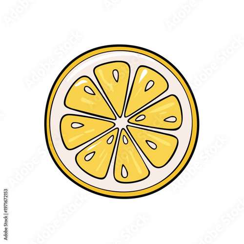 Vibrant hand drawn illustration of a refreshing lemon slice with yellow segments and black outlines