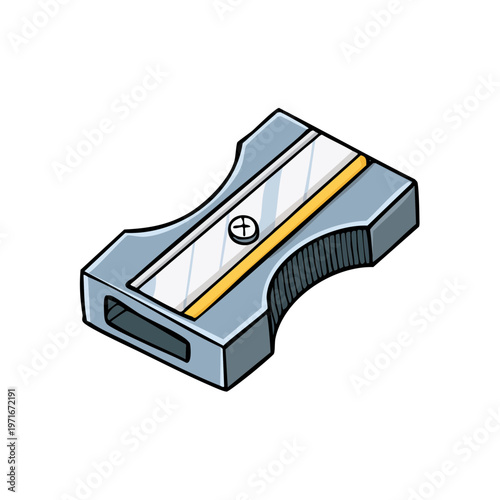 A simple gray metal pencil sharpener with a yellow accent and a silver blade